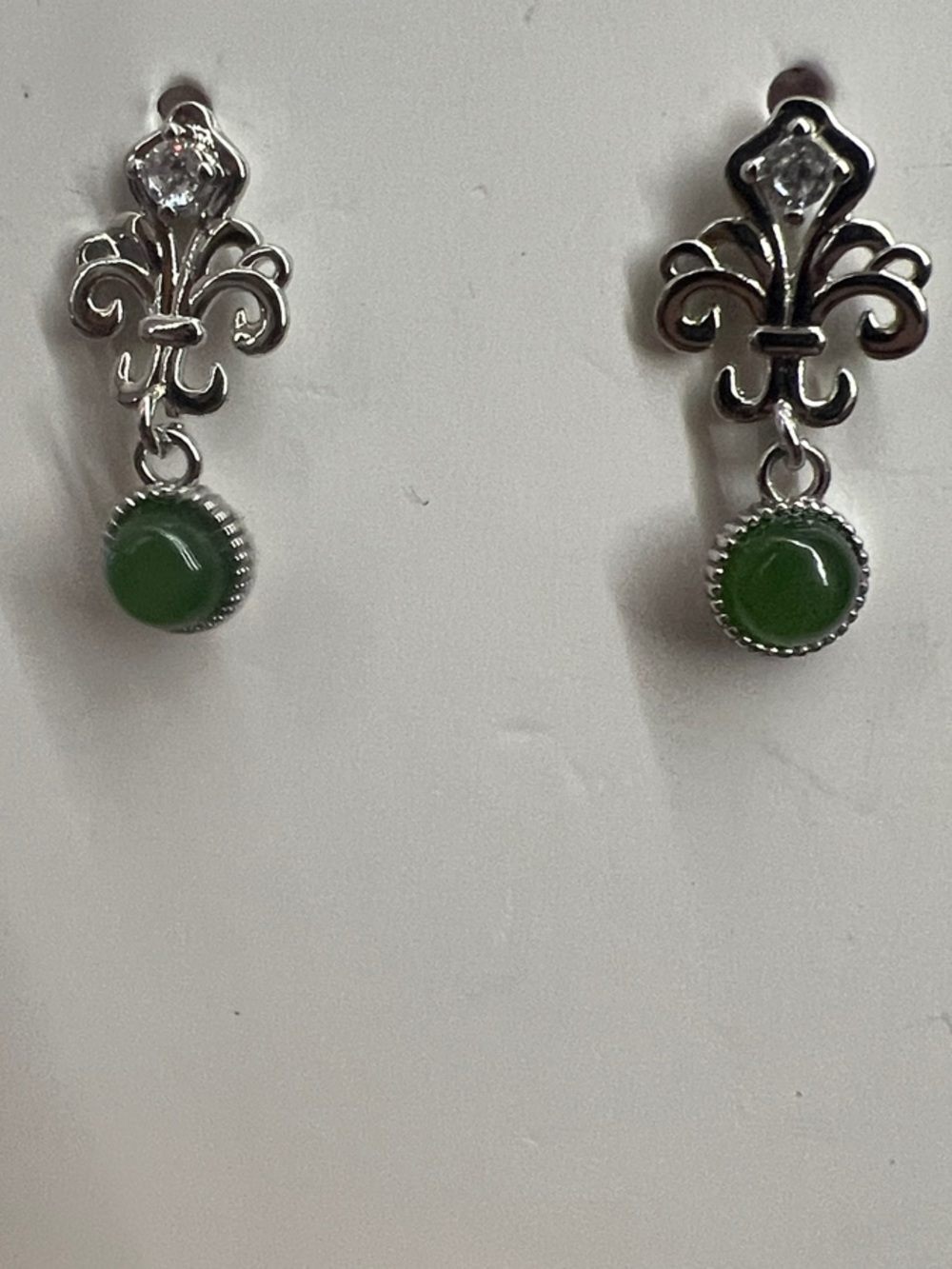 Silver Tone Fleur-de-Lis Drop Earrings with Jade Stone